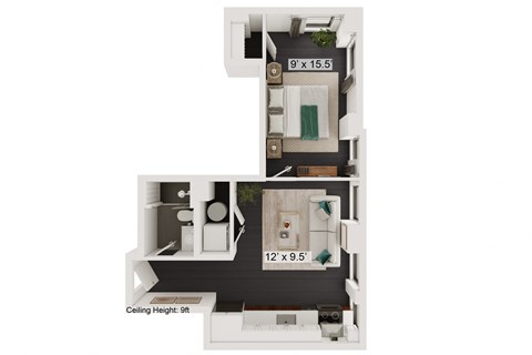 Floor plan for 1 bed, 1 bath, 515 sqft